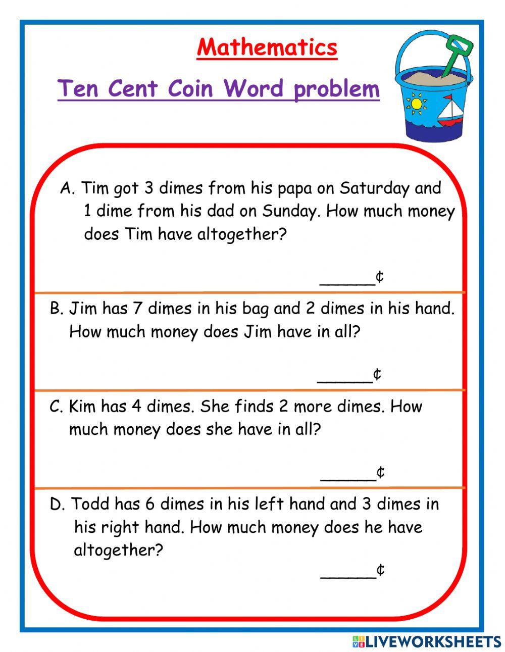 Word problem counting ten cent coins BLUE ED