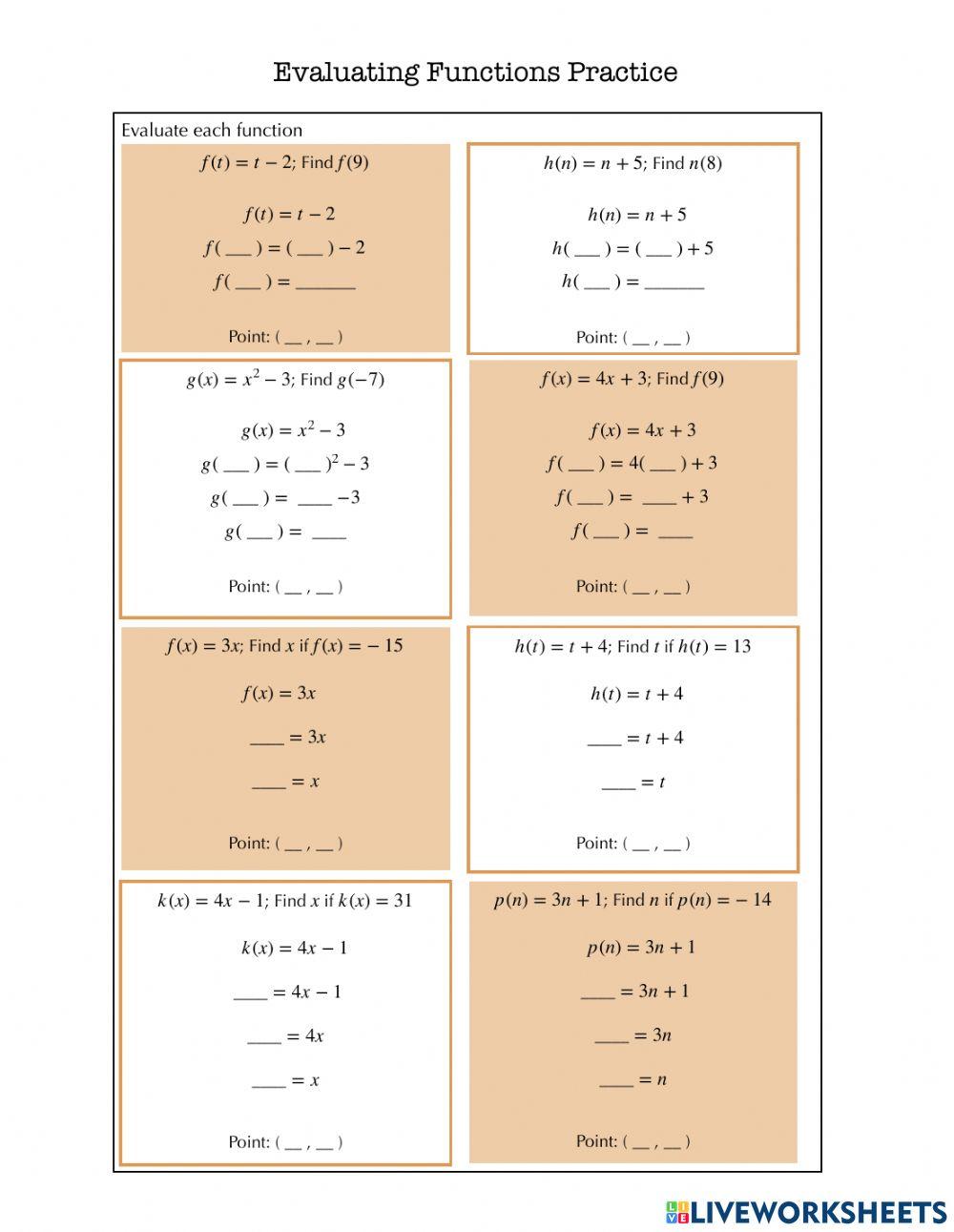 Evaluating Functions Practice