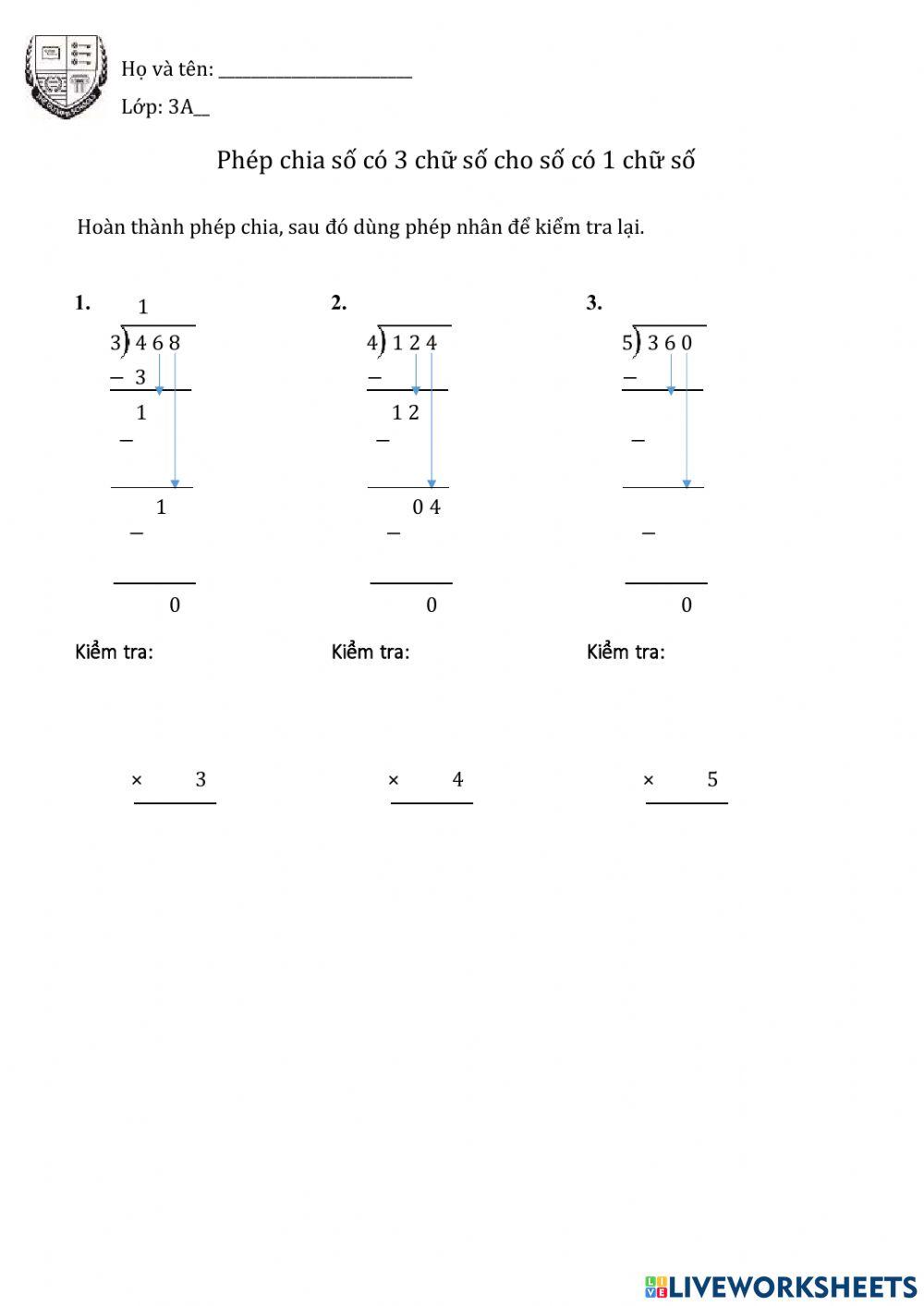 Phép chia số có 3 chữ số cho số có số có 1 chữ số