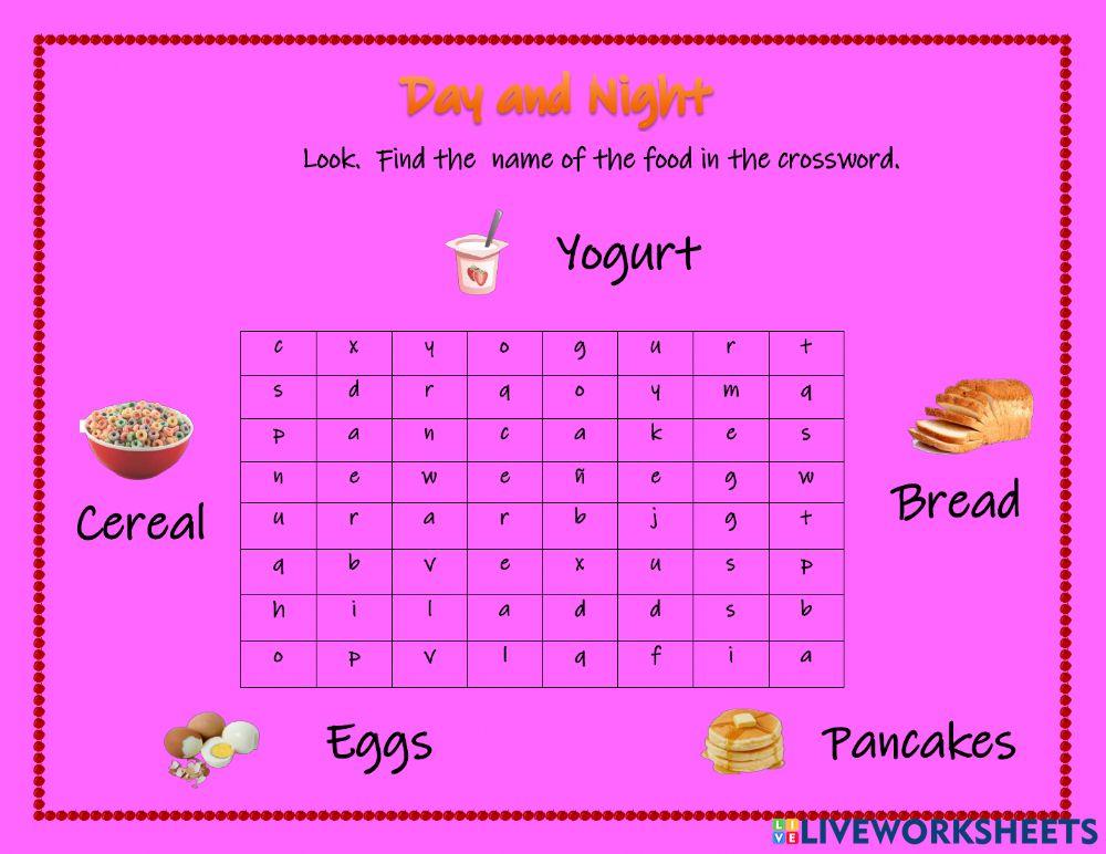 Food Crossword activity for k2 Live Worksheets