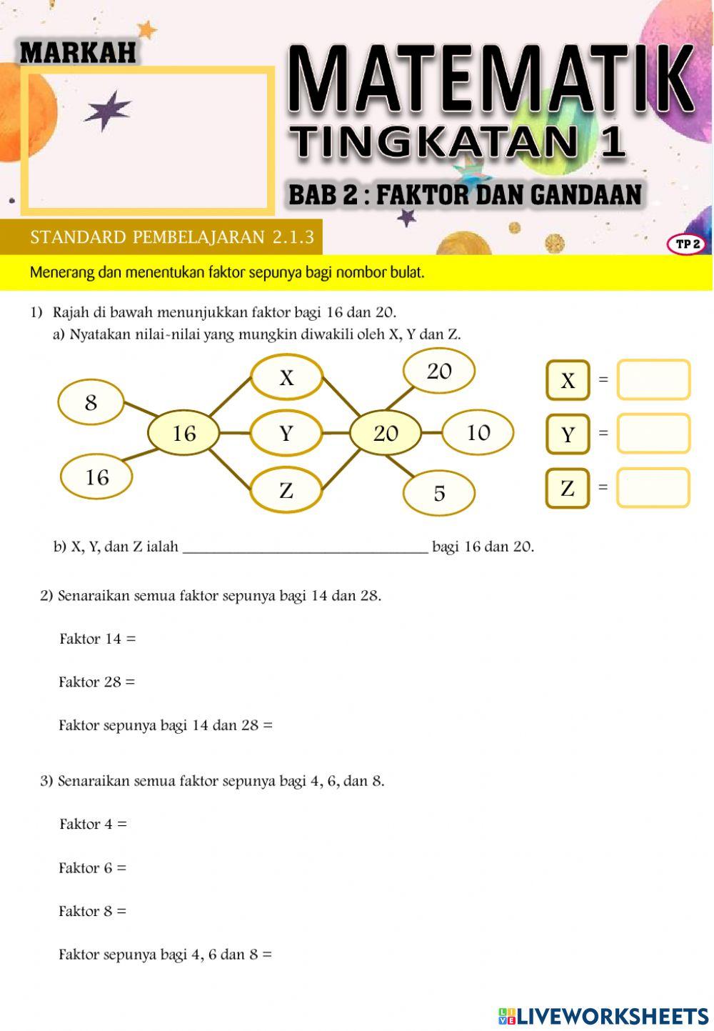 Tingkatan 1:Menentukan faktor sepunya bagi nombor bulat.