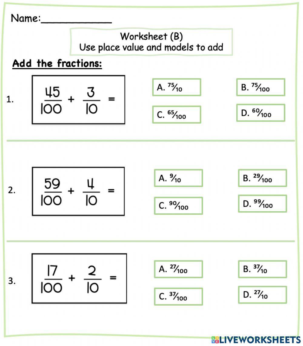 Fractions With Denominators Of 10 And 100 Worksheets Fractions With Denominators Of 10 And 100 Worksheets