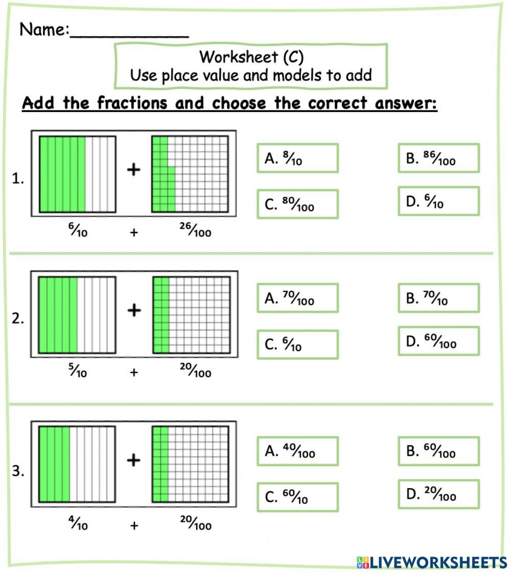 Add fraction with denominator of 10 and 100 interactive worksheet