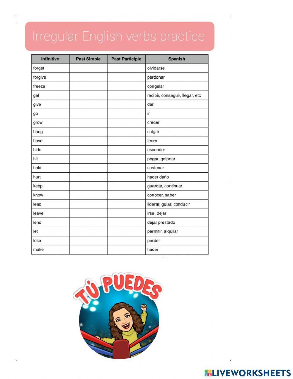 21 irregular verbs in alphabetical order from 2nd list