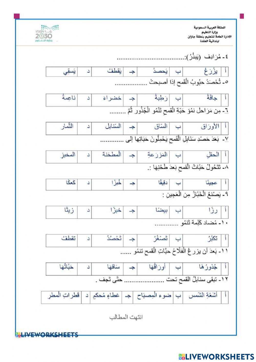 اختبار الفهم القرائي للصف الثالث