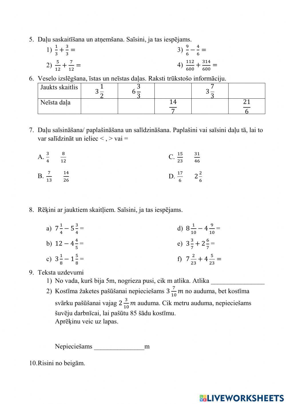 Daļas un daļu rēķini ar vienādiem saucējiem