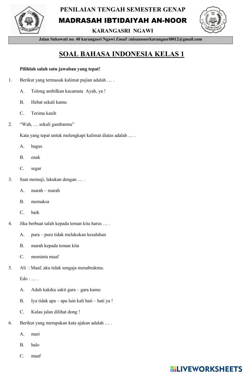 PTS2 Bahasa Indonesia kelas 1C