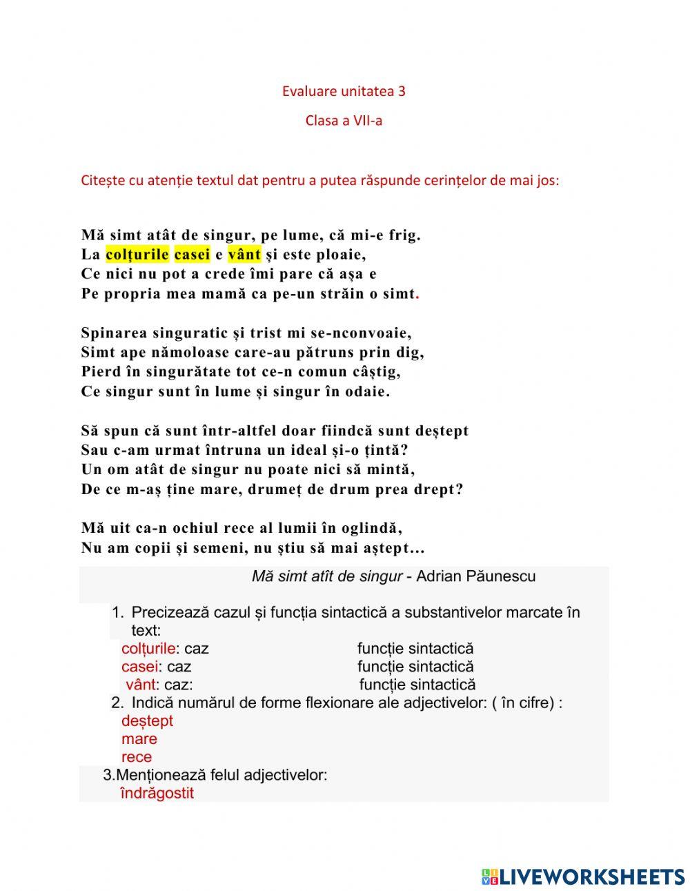 Evaluare unitate 3, VII