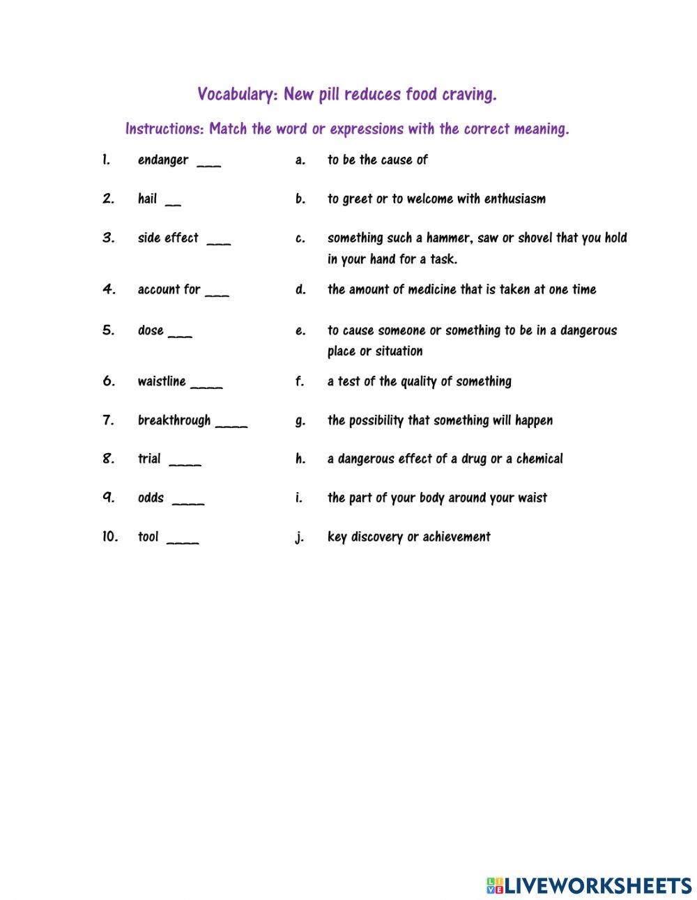 Vocabulary about a reading