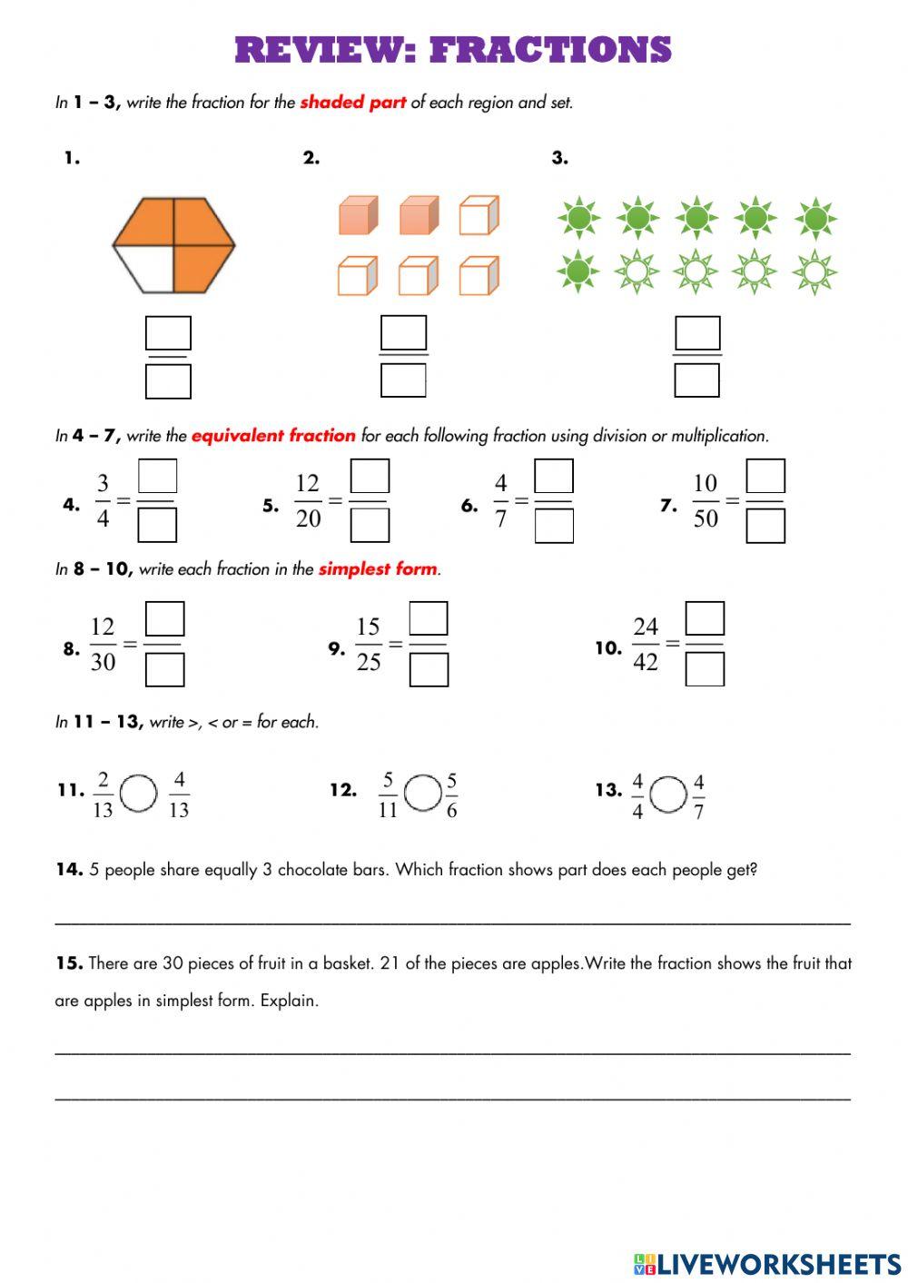 Review Fraction worksheet Live Worksheets
