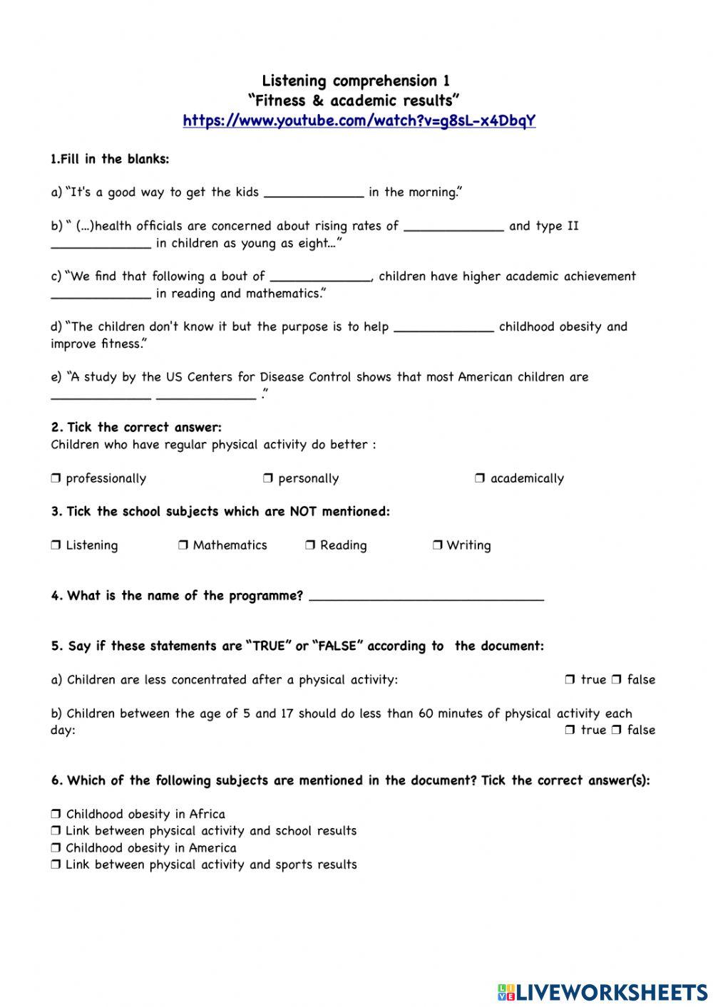 Listening comprehension fitness & academic results