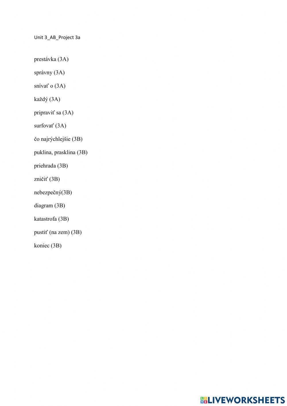 Vocabulary-Project 3 Unit 3AB - a