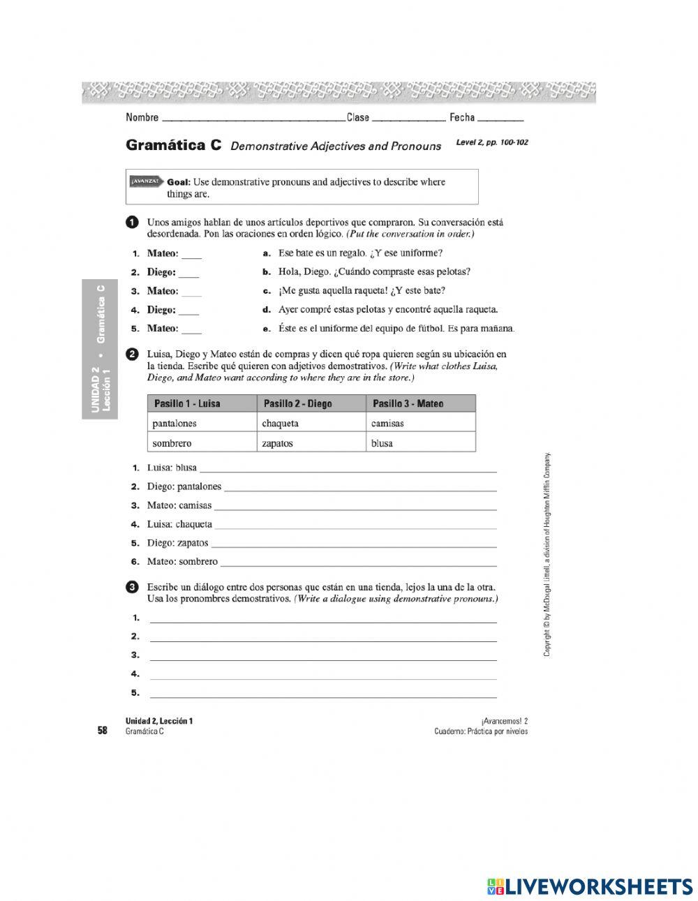 demonstrative adjectives online exercise for Live Worksheets