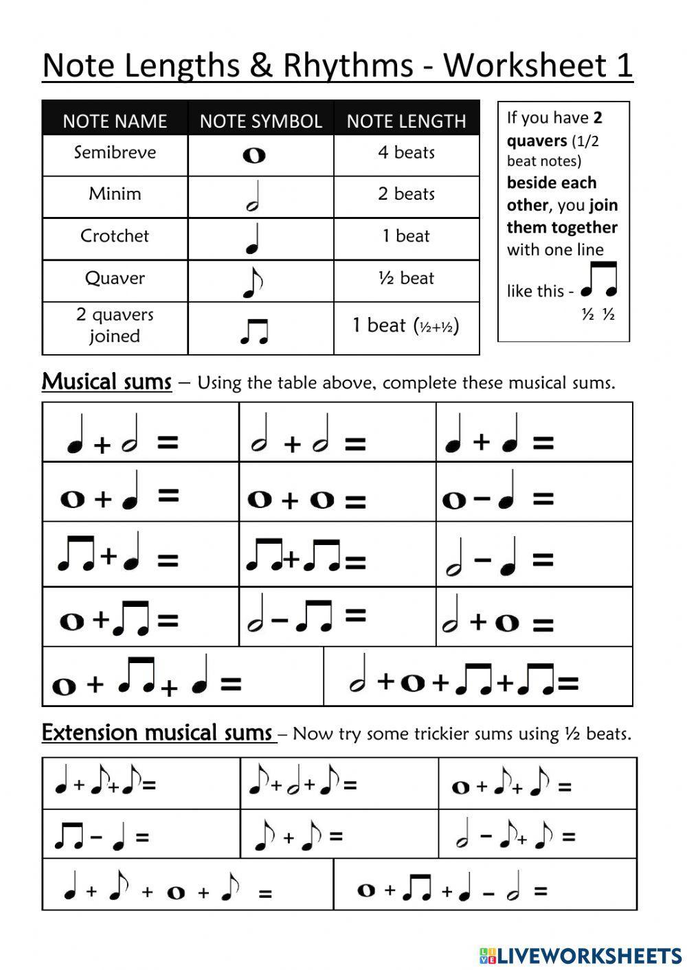 Musical Sums Worksheet 1