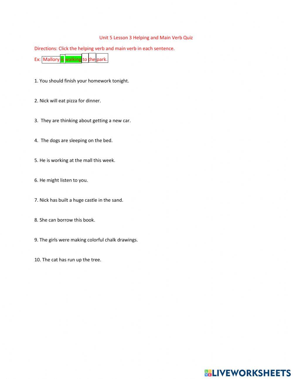 Unit 5 Lesson 3 Helping and Main Verb Quiz