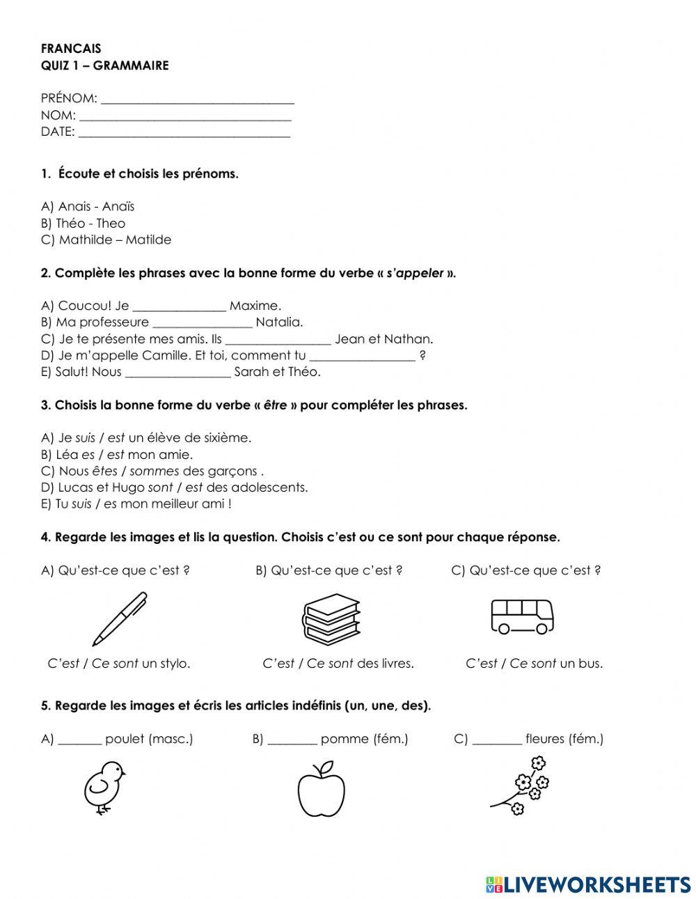 Quiz francais grammaire