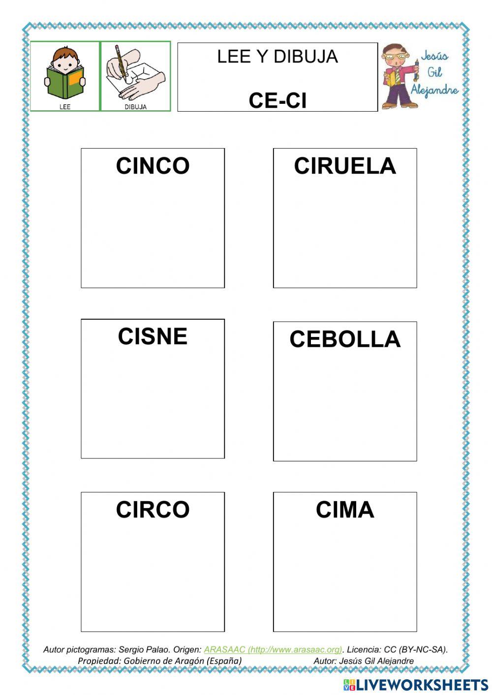 Lee y dibuja palabras con CE CI mayúsculas