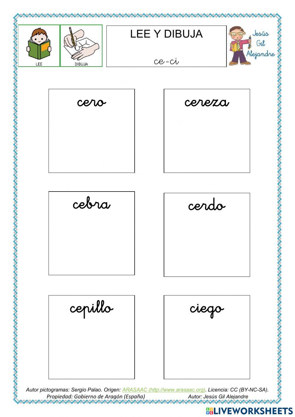 Lee y dibuja palabras con CE CI minúsculas