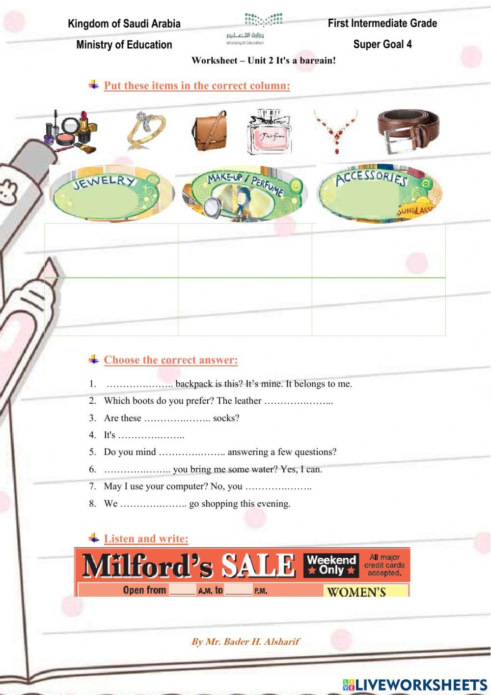 Super goal 4 Worksheet – Unit 2 It's a bargain! Super goal 4 Worksheet – Unit 2 It's a bargain!