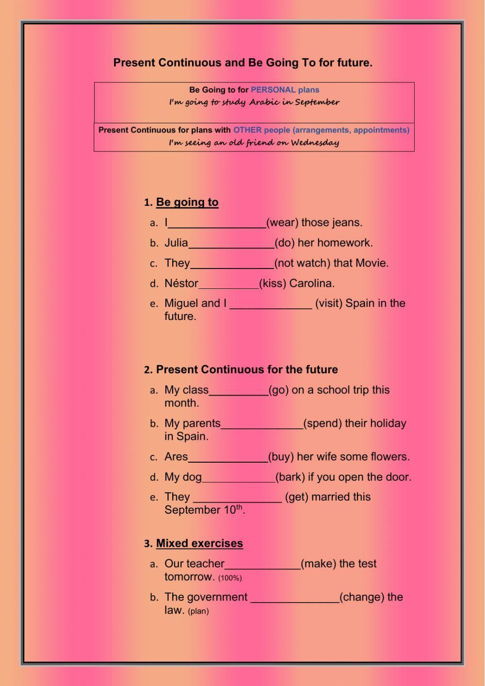BE GOING TO VS PRESENT CONTINUOUS FOR FUTURE worksheet | Live Worksheets