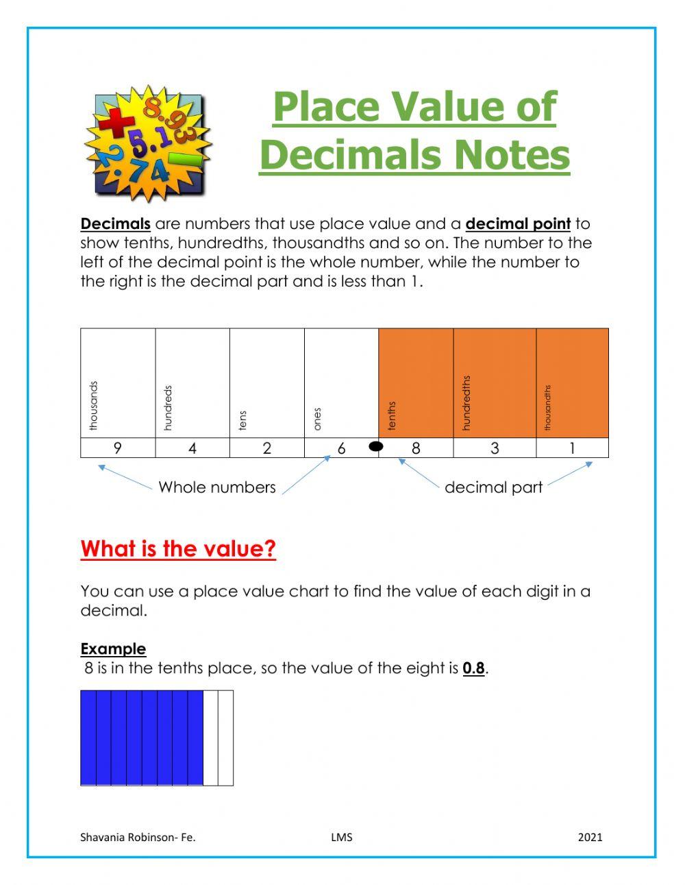 Place Value of Decimals Notes