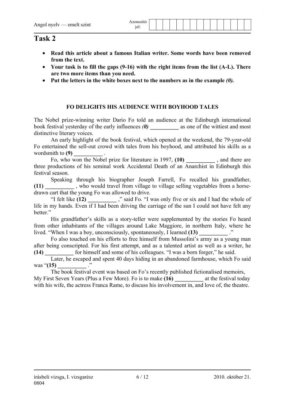 Emelt érettségi READING