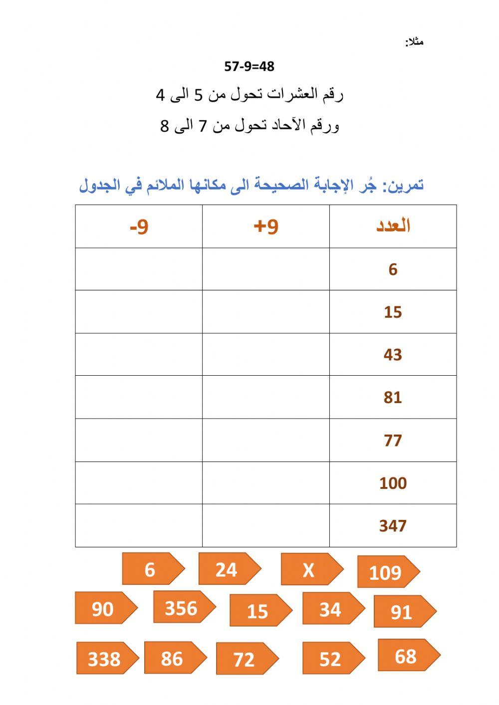 اضافة او طرح 9 من أي عدد للصف الثاني