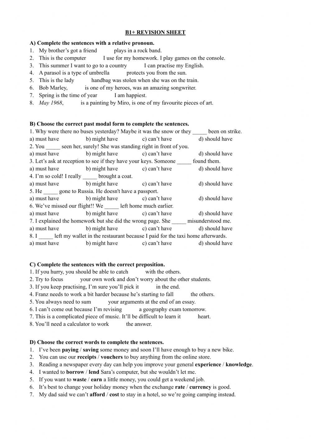 B1+ revision worksheet