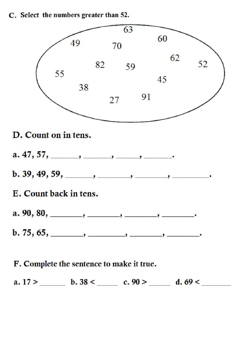 Count in 10s, comparing numbers