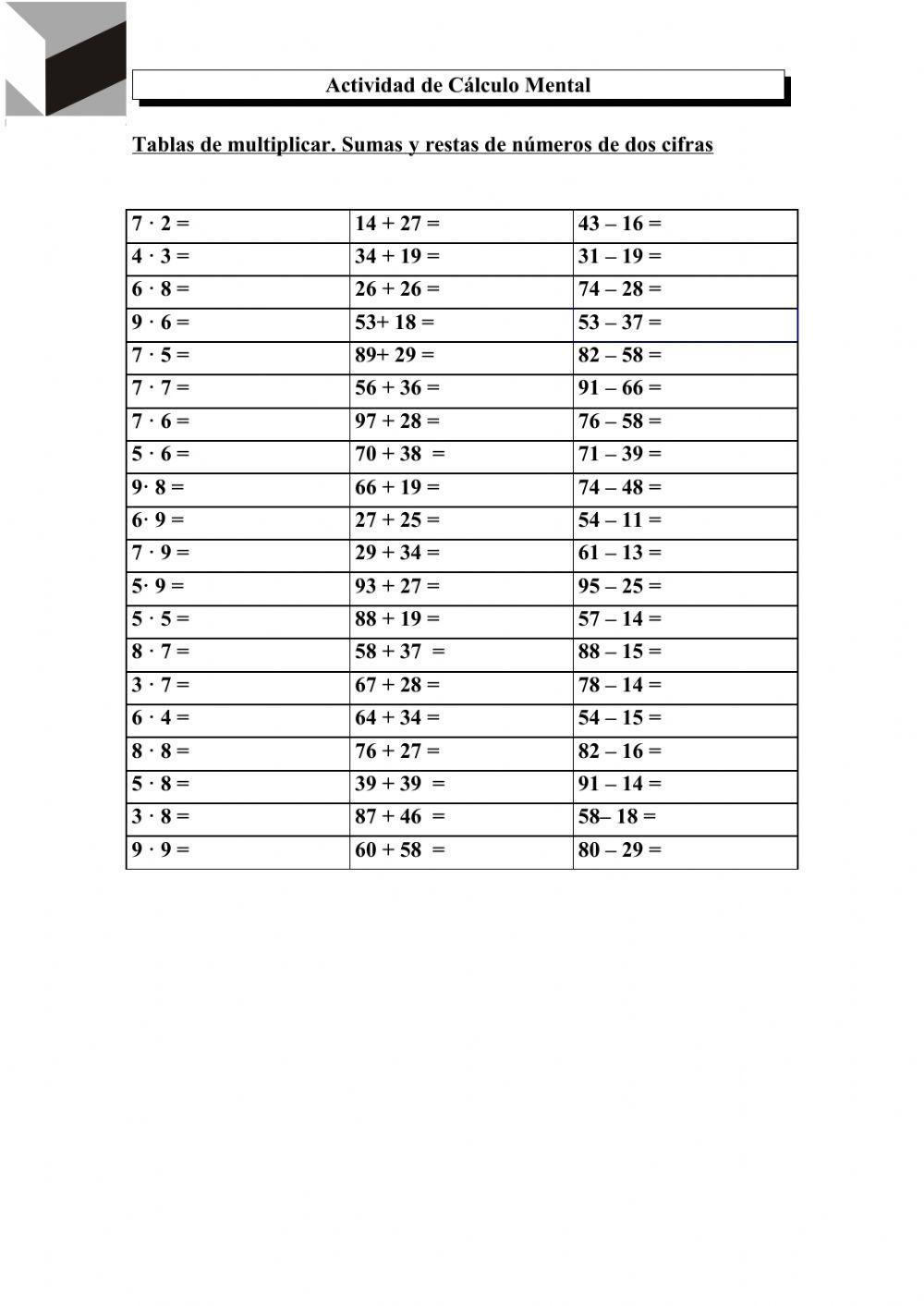 Prueba de cálculo mental. Tablas de multiplicar. Sumas y restas de números de dos cifras