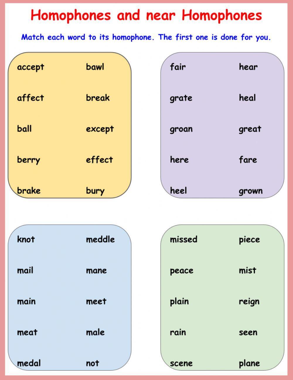 Homophones Matching Activity 1 Homophones Matching Activity 1