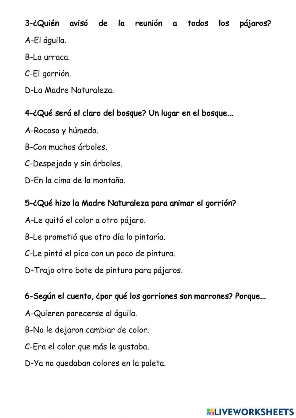 Lectura comprensiva: -El color de los pájaros-