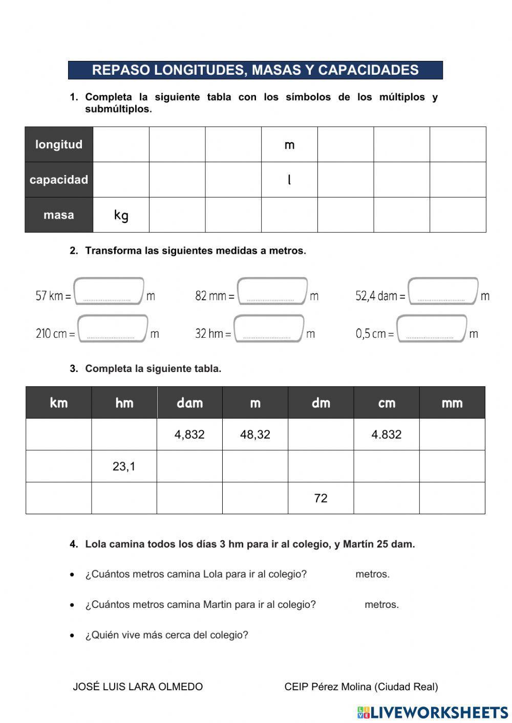 Longitudes, capacidades y masas