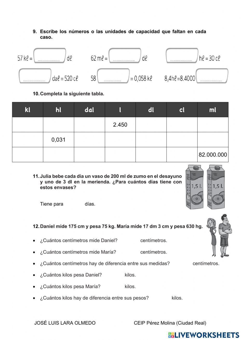 Longitudes, capacidades y masas