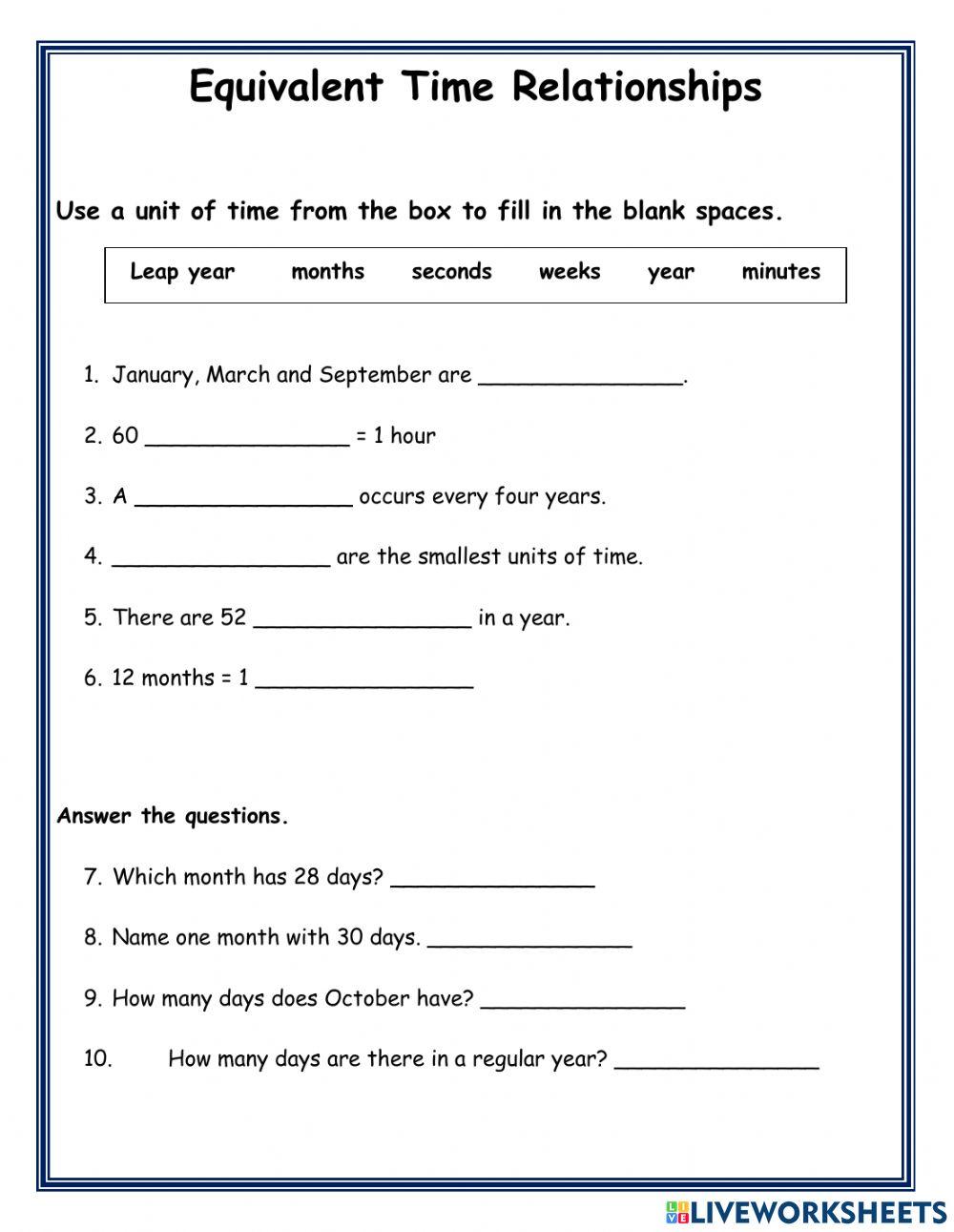 Equivalent Time Relationships Equivalent Time Relationships