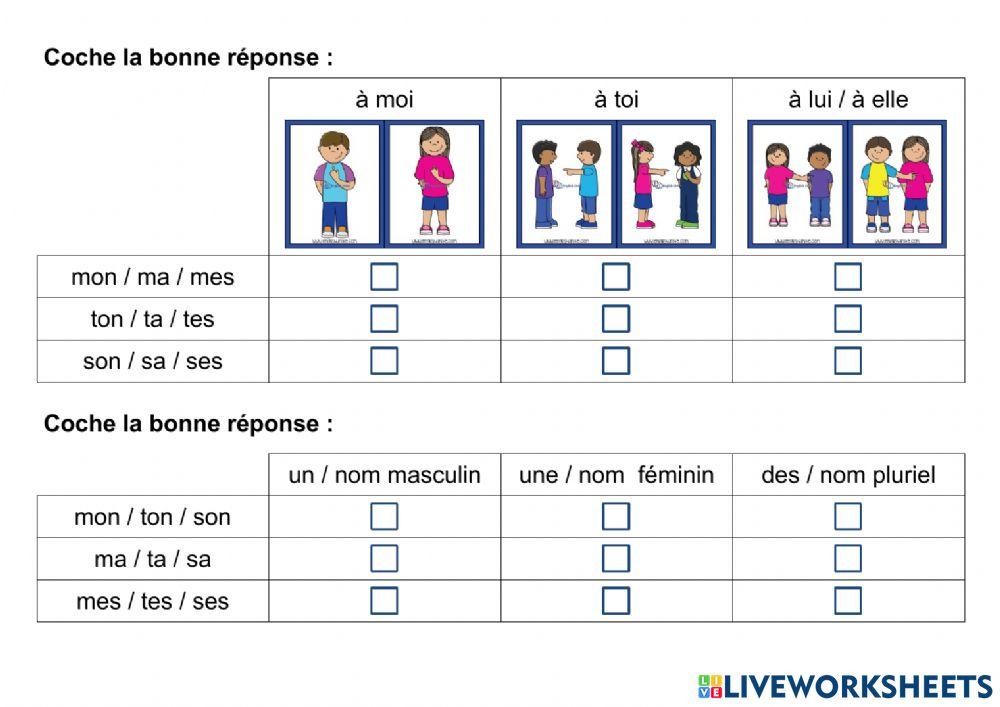 Les adjectifs possessifs a moi a toi a lui et a elle
