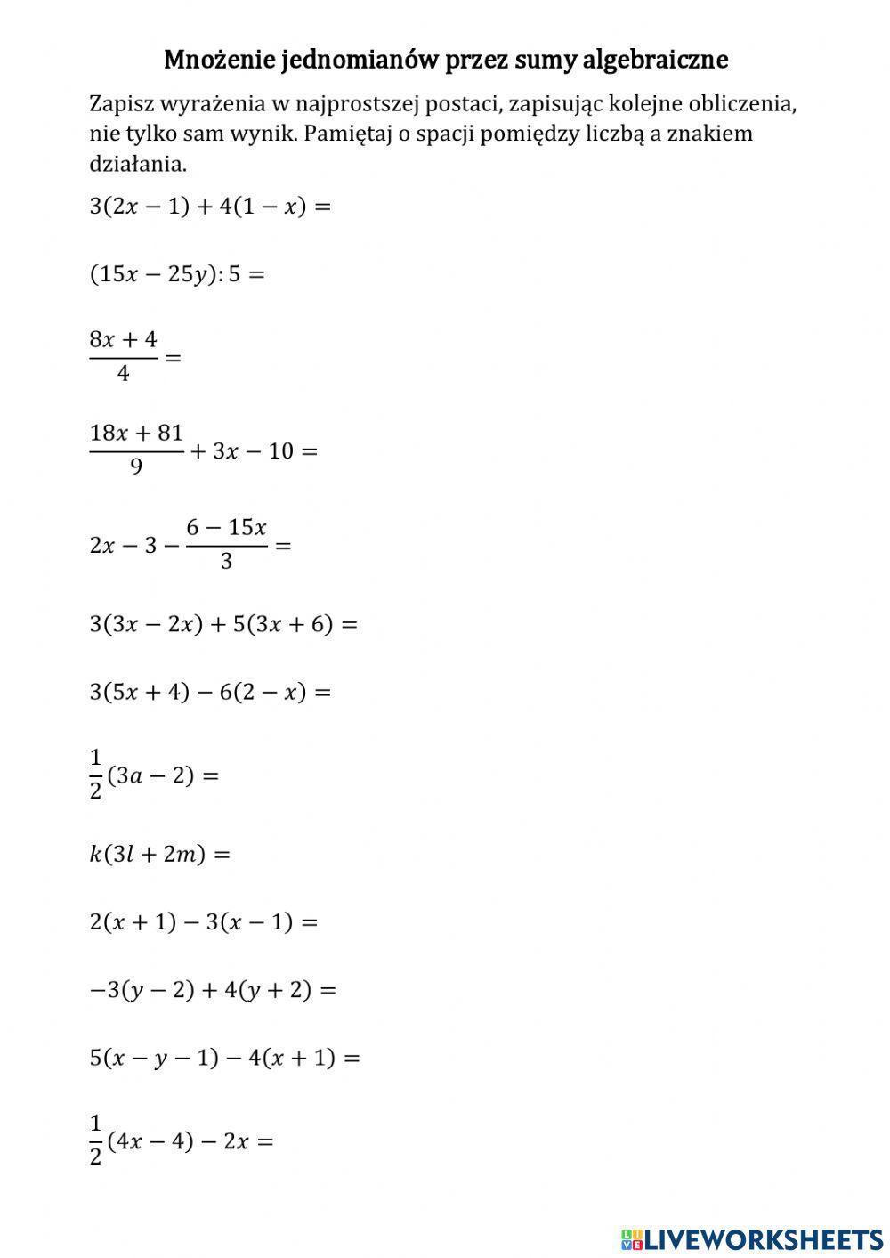 Mnożenie jednomianów przez sumy algebraiczne