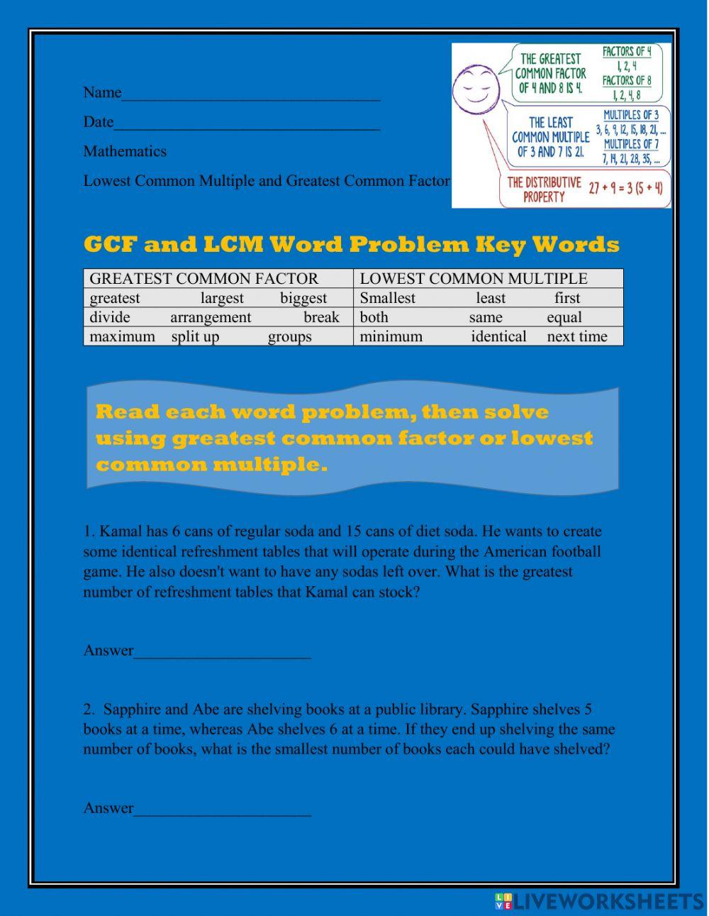 Gcf Lcm Word Problems Worksheet 6th Grade GCF And LCM Word Problem