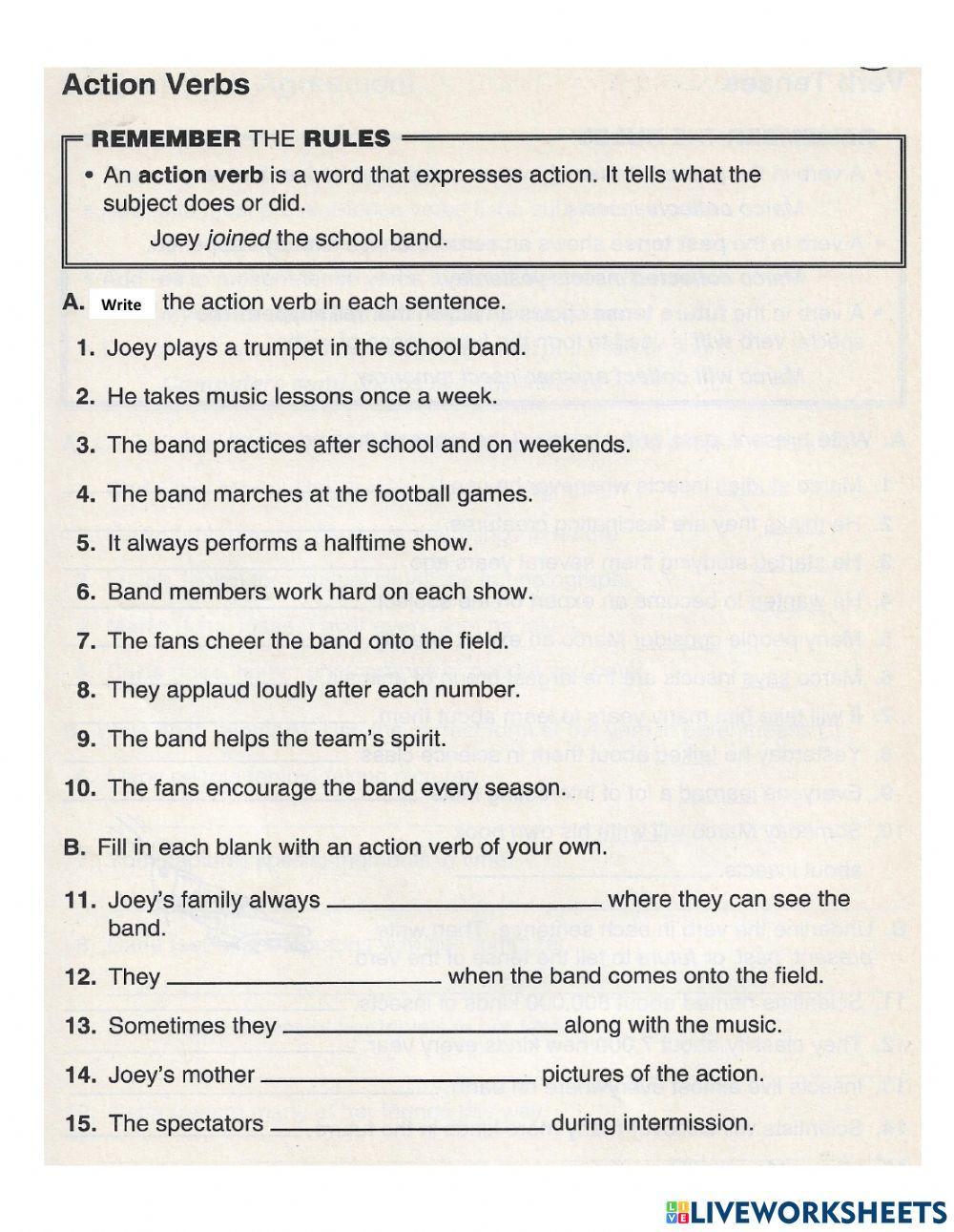 Action Verbs, H… | Free Interactive Worksheets | 691640