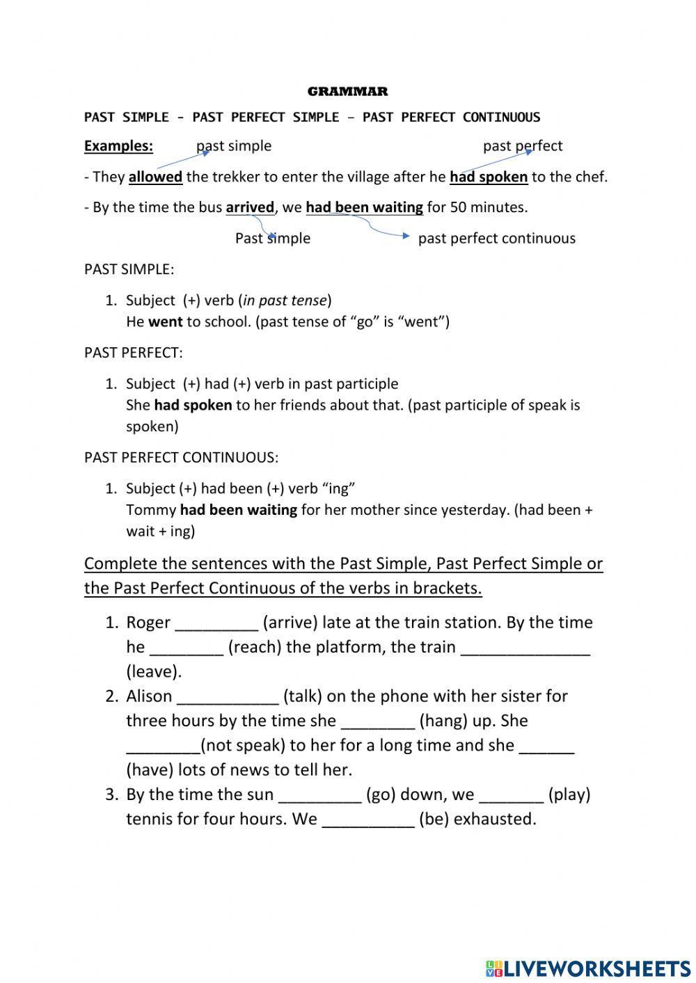 Past simple-past perfect-past perfect continuous worksheet | Live ...