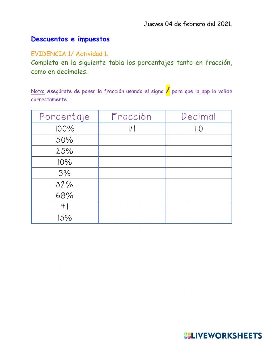 Porcentaje, fracción y decimal