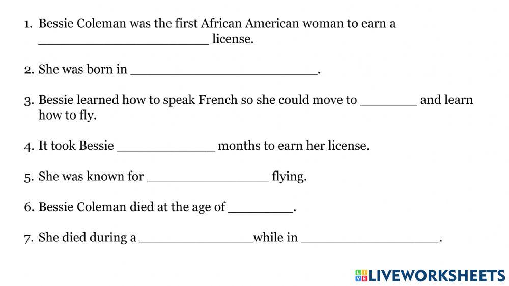 The Life of Bessie Coleman worksheet Live Worksheets