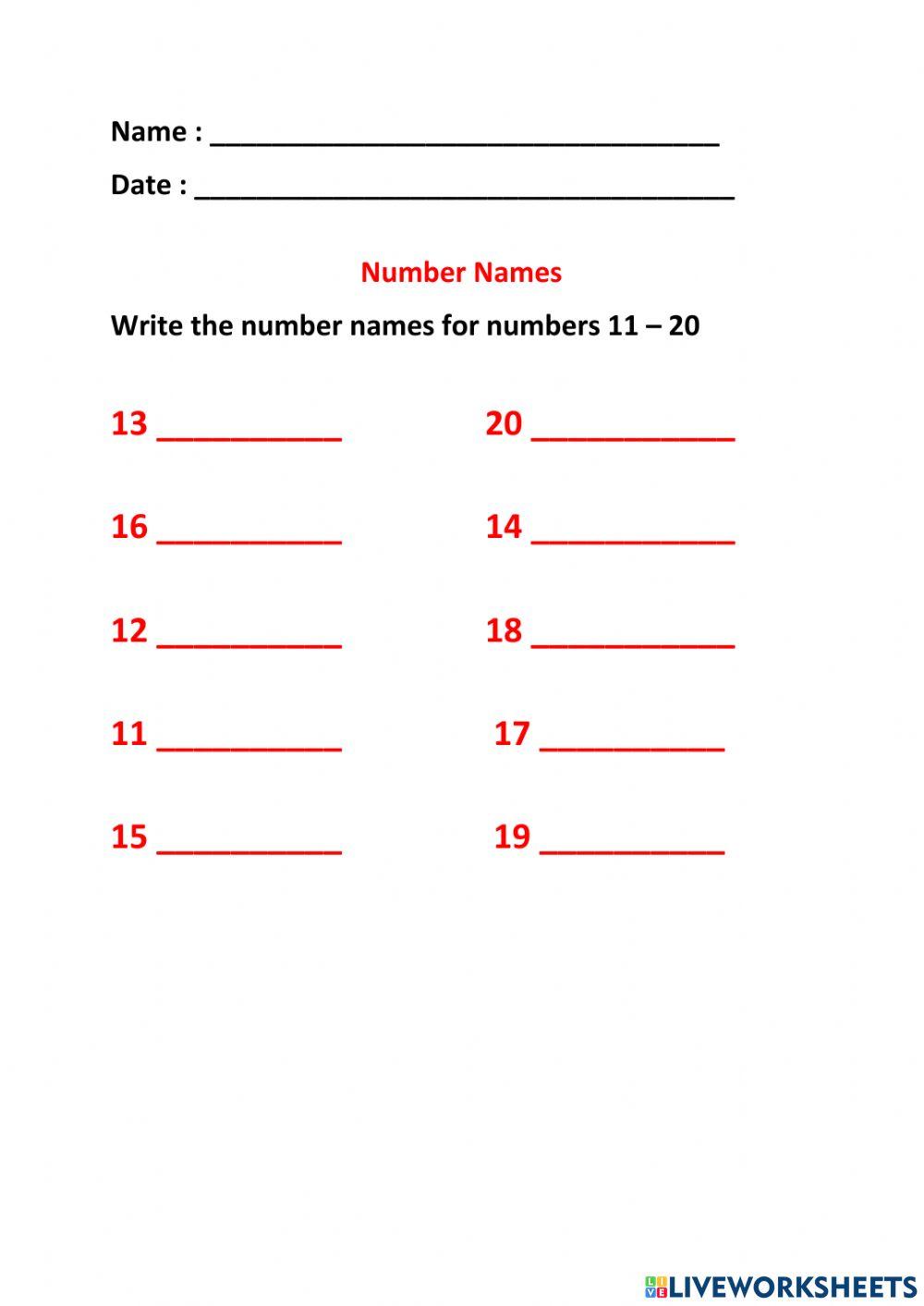 Number Names 11 - 20