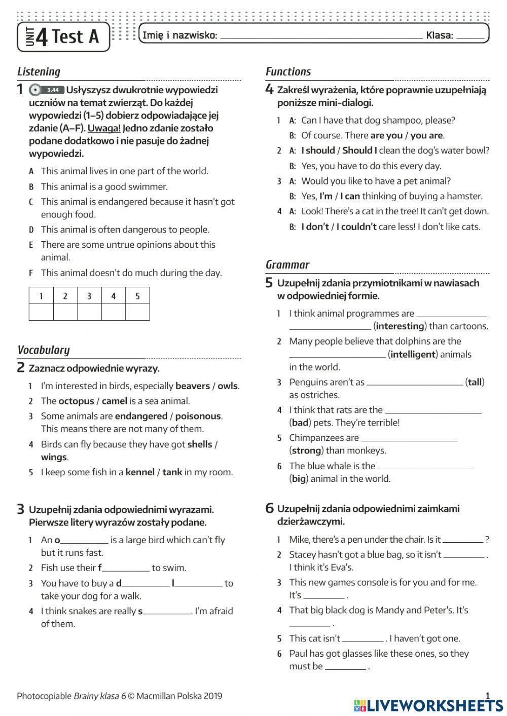Brainy 6 unit 4 test online exercise for live worksheets