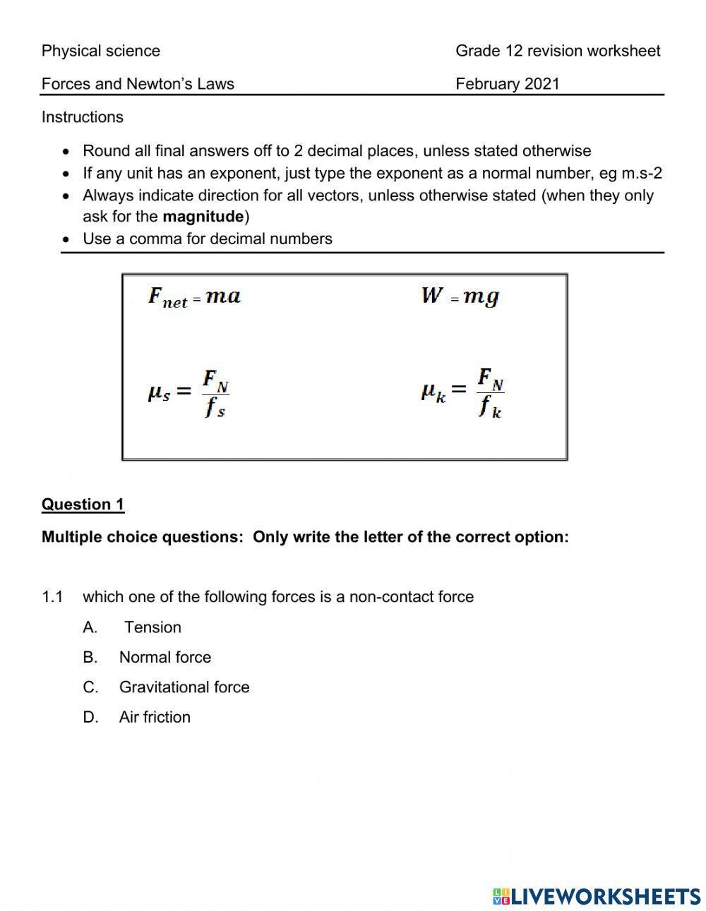 Newton revisoin worksheet
