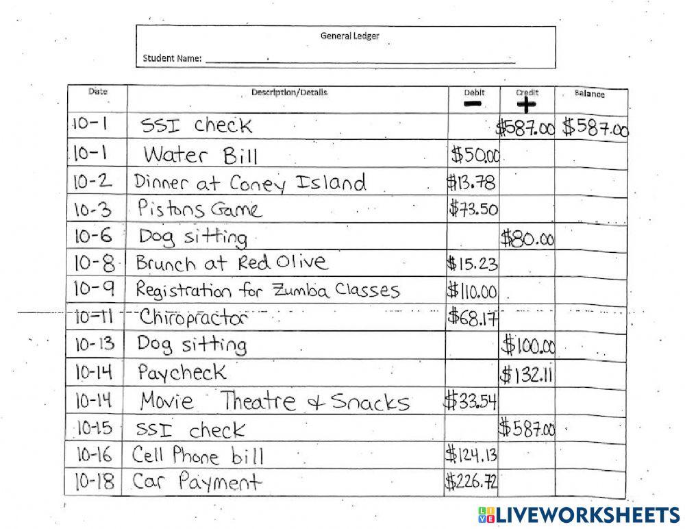 Bank Ledger worksheet | Live Worksheets