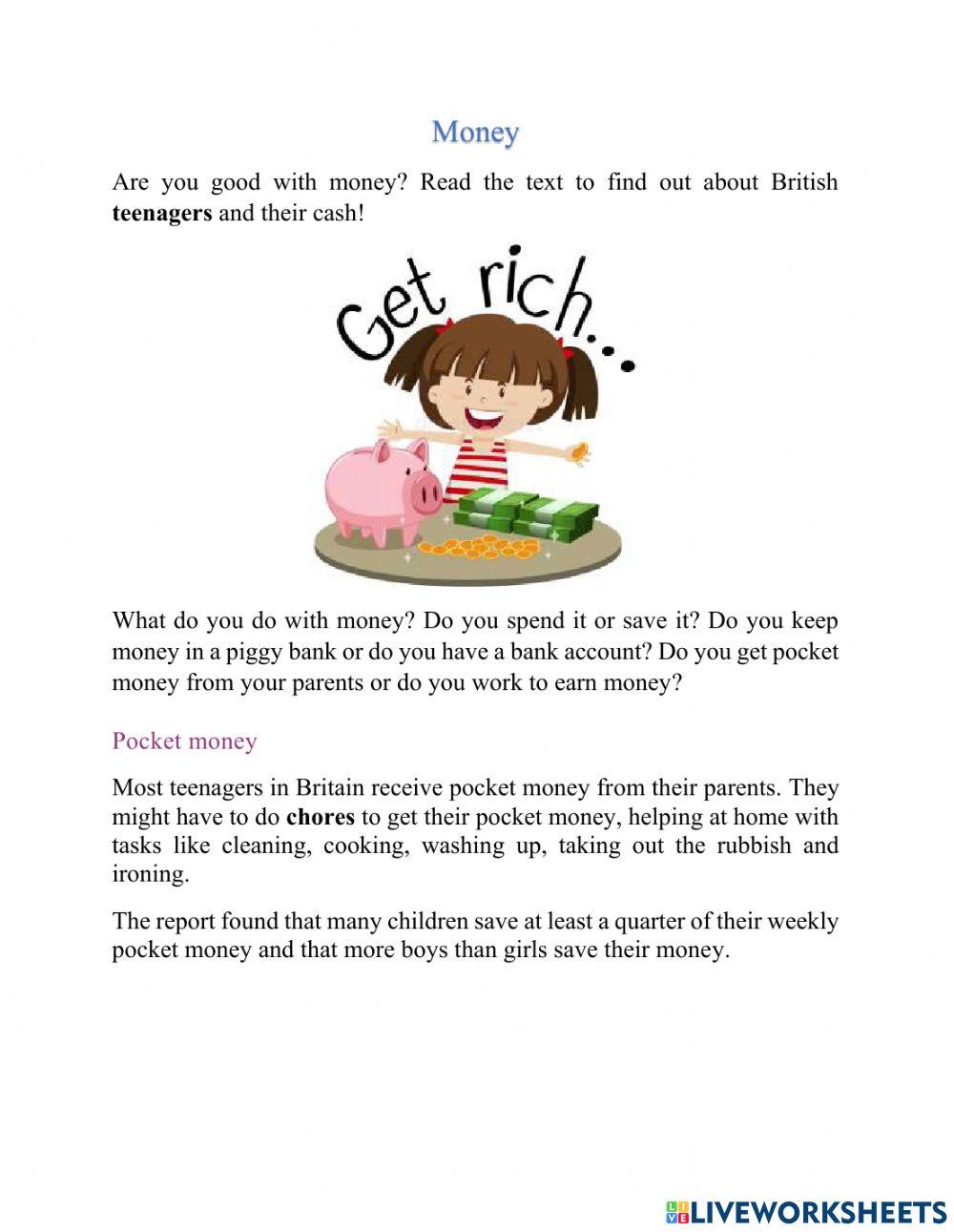 Money (Reading Comprehension) online exercise for | Live Worksheets