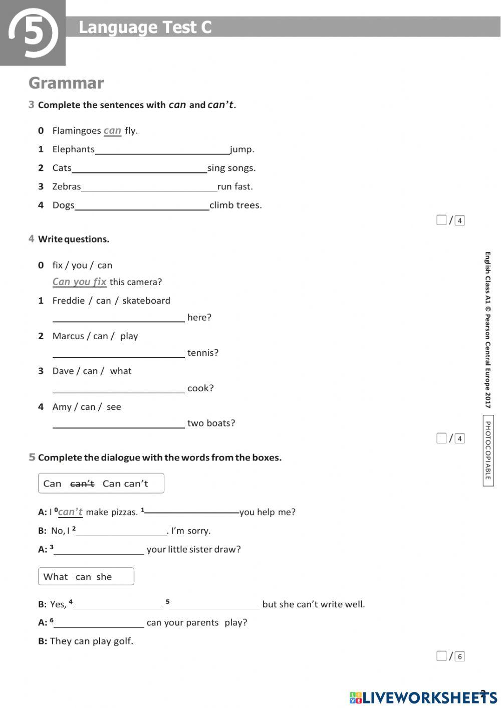English Class A1 unit 5 test C