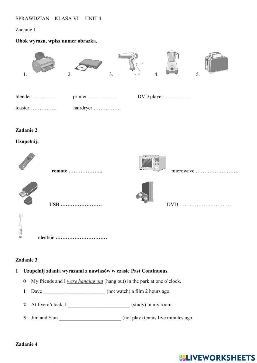 Sprawdzian English Class A2 unit 4