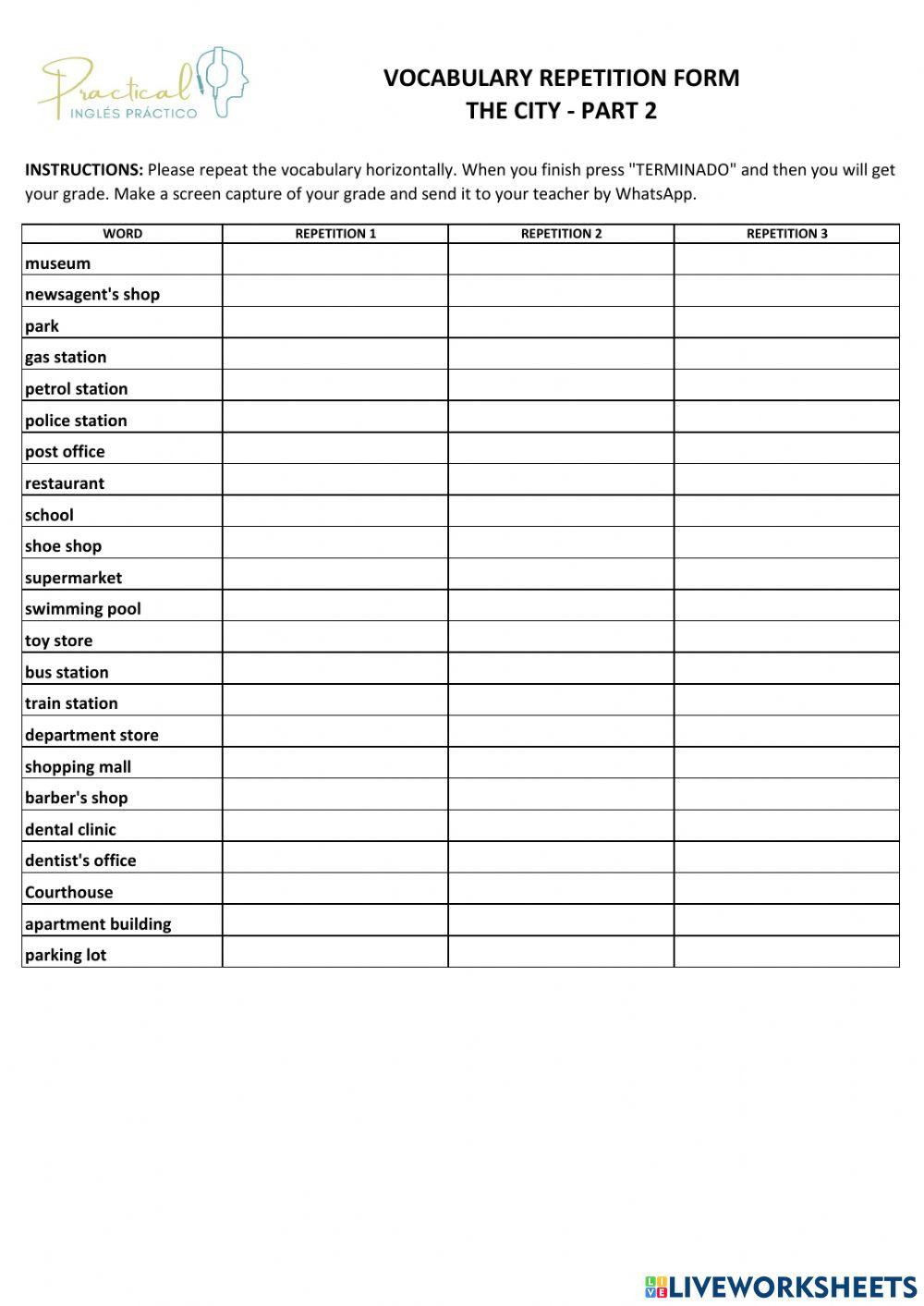 Vocabulary repetition form - the city - part 2